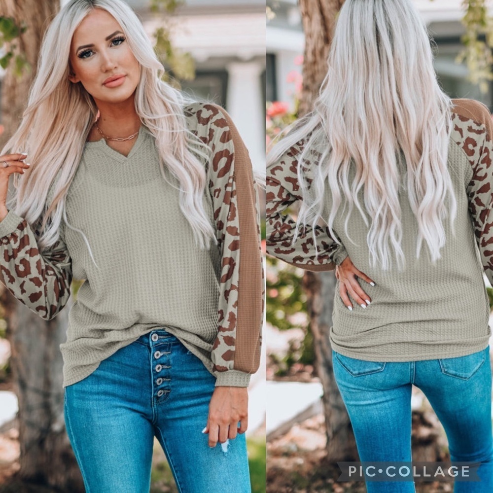MOCHA Leopard Print Waffle Knit Long Sleeve Top NEW